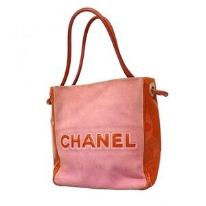 Chanel tote bag, Camellia design, suede and patent leather, pink, orange, cha...